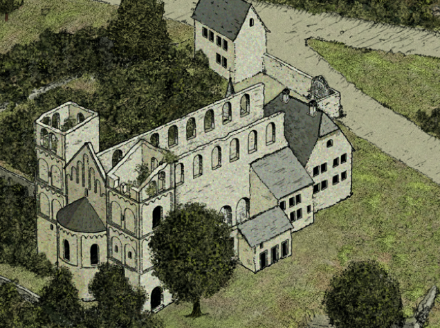 Die Ruine des Klosters inkl. Grundmauern der Thermenapsis 1632 n.Chr.